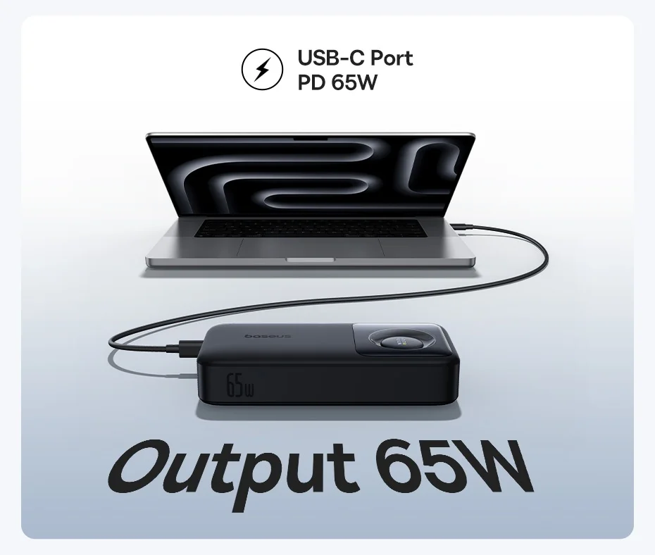 Baseus 65W Power Bank 20000mah Fast Charging with Built-in Retractable Type-C Cable for Laptops iPhone 16 15 Pro Max