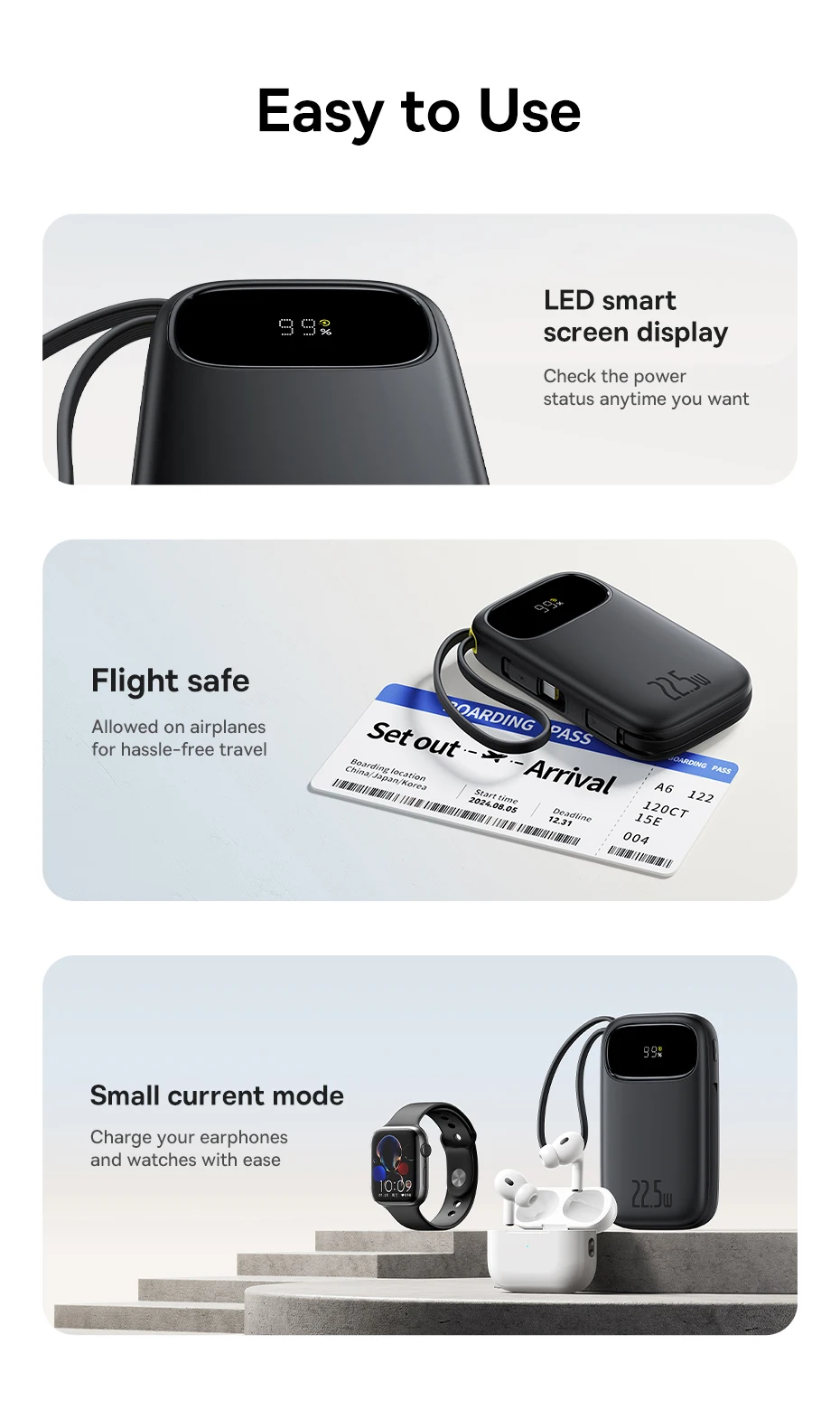 Baseus 22.5W 10000mAh 20000mAh Power Bank Built-In Retractable USB-C & Lightning Cable for iPhone 16 Samsung S25 Xiaomi Poco