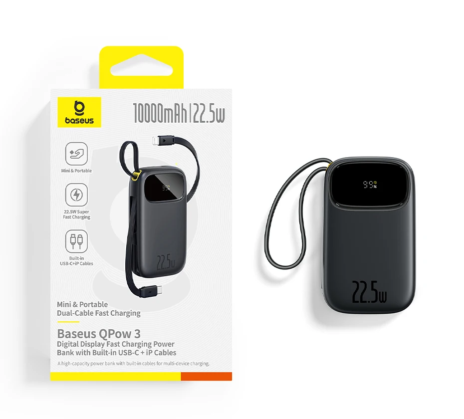 Baseus 22.5W 10000mAh 20000mAh Power Bank Built-In Retractable USB-C & Lightning Cable for iPhone 16 Samsung S25 Xiaomi Poco