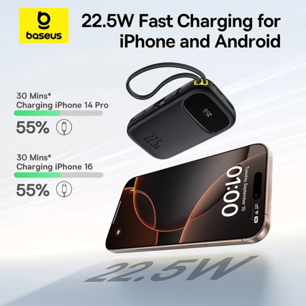 Baseus QPow 3 Digital Display Power Bank 22.5W 10000mAh 20000mAh Built-in USB-C Lightning Cable - Image 2