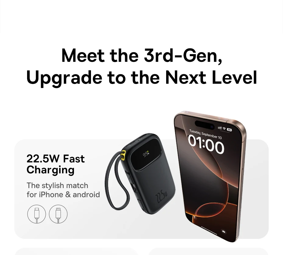 Baseus 22.5W 10000mAh 20000mAh Power Bank Built-In Retractable USB-C & Lightning Cable for iPhone 16 Samsung S25 Xiaomi Poco