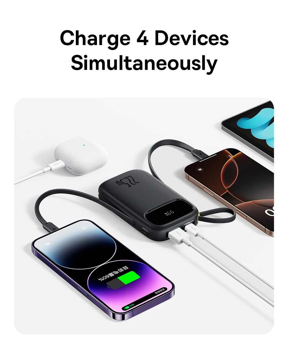 Baseus 22.5W 10000mAh 20000mAh Power Bank Built-In Retractable USB-C & Lightning Cable for iPhone 16 Samsung S25 Xiaomi Poco