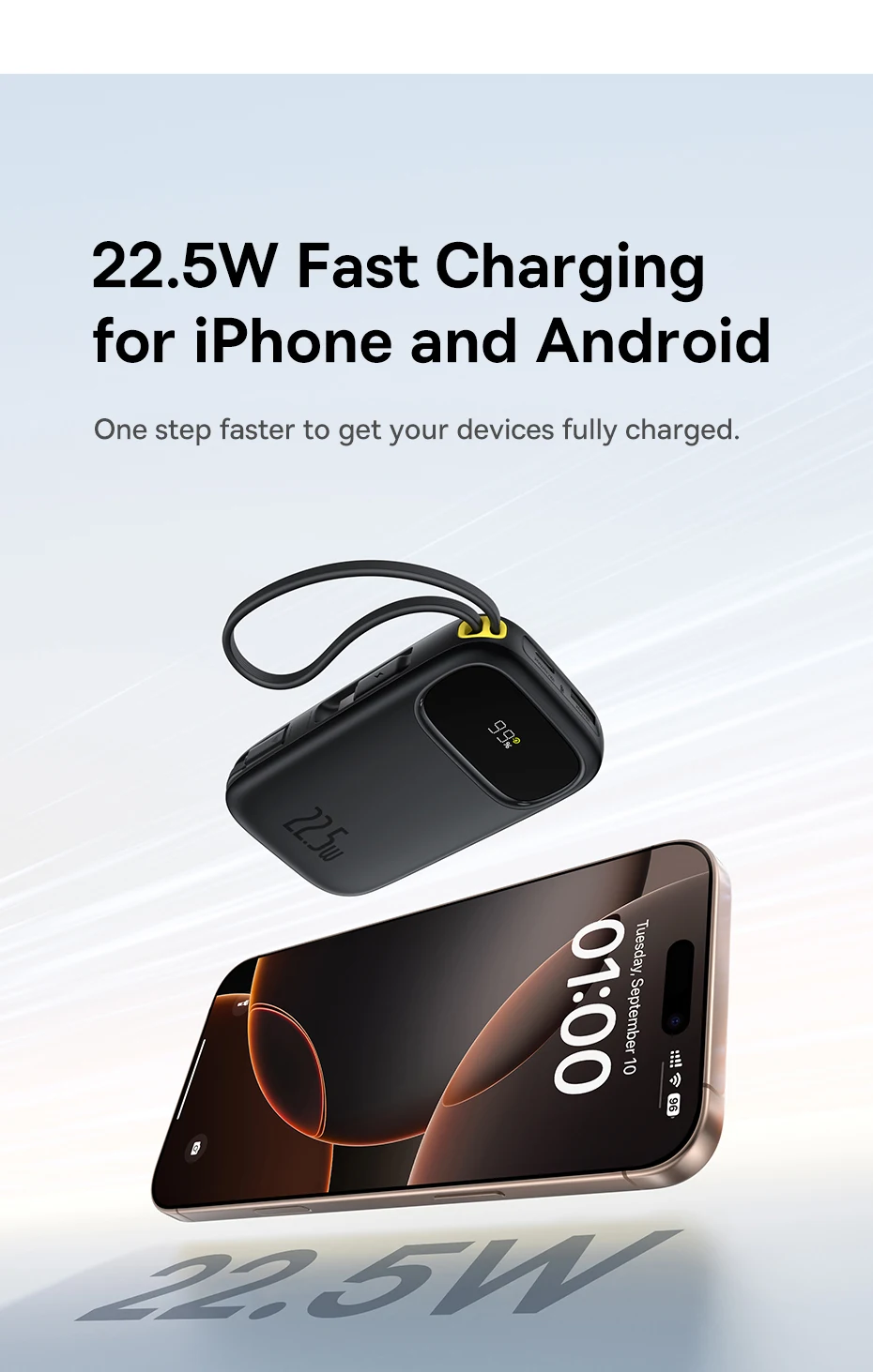 Baseus 22.5W 10000mAh 20000mAh Power Bank Built-In Retractable USB-C & Lightning Cable for iPhone 16 Samsung S25 Xiaomi Poco