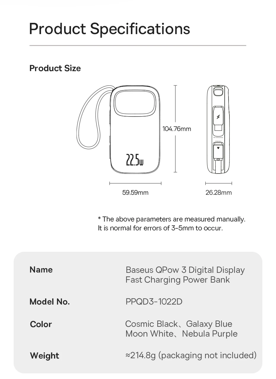 Baseus 22.5W 10000mAh 20000mAh Power Bank Built-In Retractable USB-C & Lightning Cable for iPhone 16 Samsung S25 Xiaomi Poco