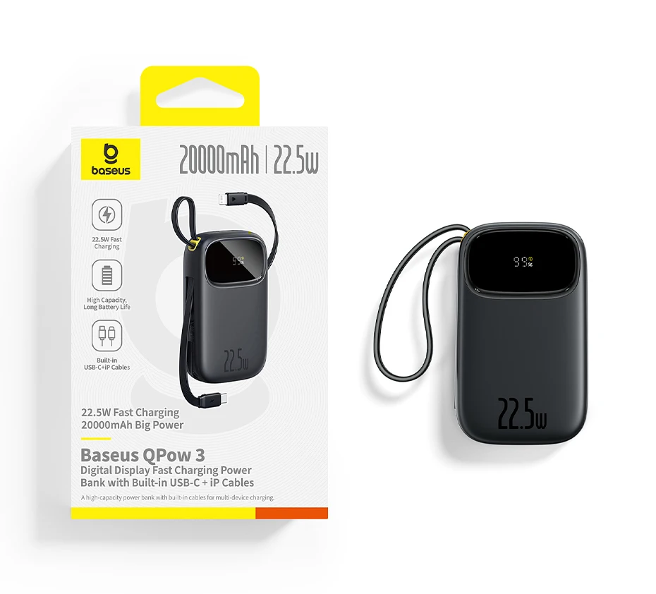 Baseus 22.5W 10000mAh 20000mAh Power Bank Built-In Retractable USB-C & Lightning Cable for iPhone 16 Samsung S25 Xiaomi Poco