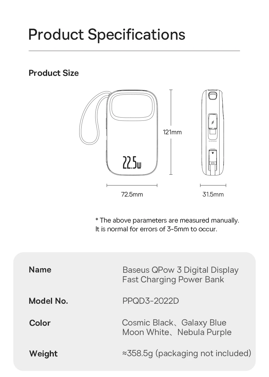 Baseus 22.5W 10000mAh 20000mAh Power Bank Built-In Retractable USB-C & Lightning Cable for iPhone 16 Samsung S25 Xiaomi Poco