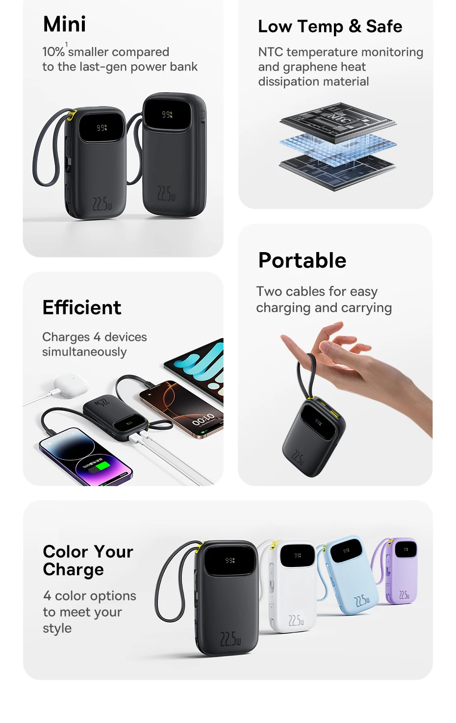 Baseus 22.5W 10000mAh 20000mAh Power Bank Built-In Retractable USB-C & Lightning Cable for iPhone 16 Samsung S25 Xiaomi Poco