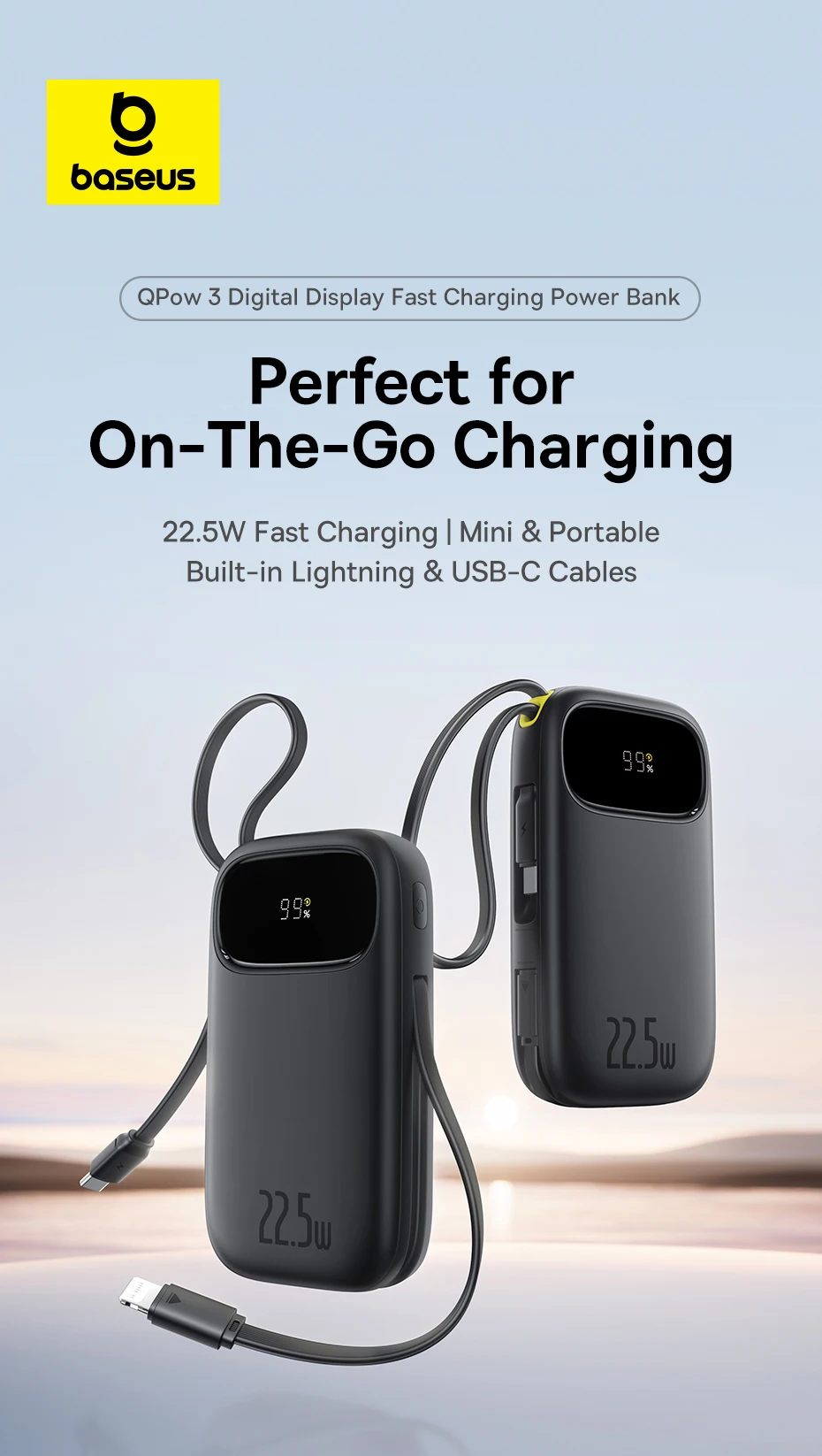 Baseus 22.5W 10000mAh 20000mAh Power Bank Built-In Retractable USB-C & Lightning Cable for iPhone 16 Samsung S25 Xiaomi Poco