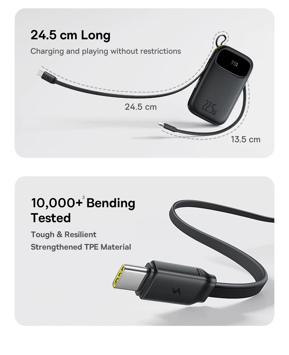 Baseus 22.5W 10000mAh 20000mAh Power Bank Built-In Retractable USB-C & Lightning Cable for iPhone 16 Samsung S25 Xiaomi Poco