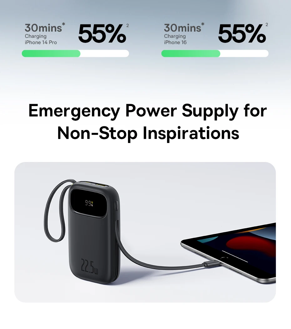 Baseus 22.5W 10000mAh 20000mAh Power Bank Built-In Retractable USB-C & Lightning Cable for iPhone 16 Samsung S25 Xiaomi Poco