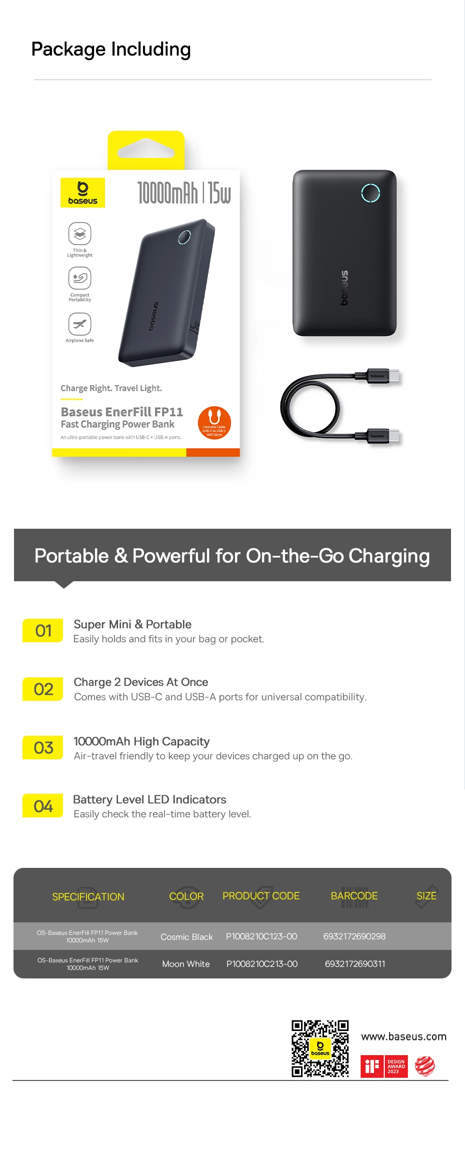 Baseus FP11 15W Power Bank 10000mAh PD Fast Charging Type C External Battery Powerbank for iPhone 16 15 Samsung S25 Xiaomi OPPO