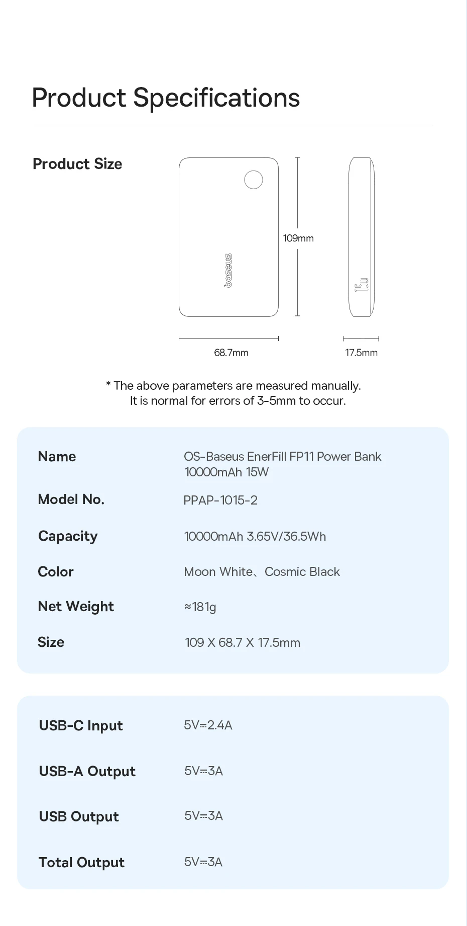 Baseus FP11 15W Power Bank 10000mAh PD Fast Charging Type C External Battery Powerbank for iPhone 16 15 Samsung S25 Xiaomi OPPO