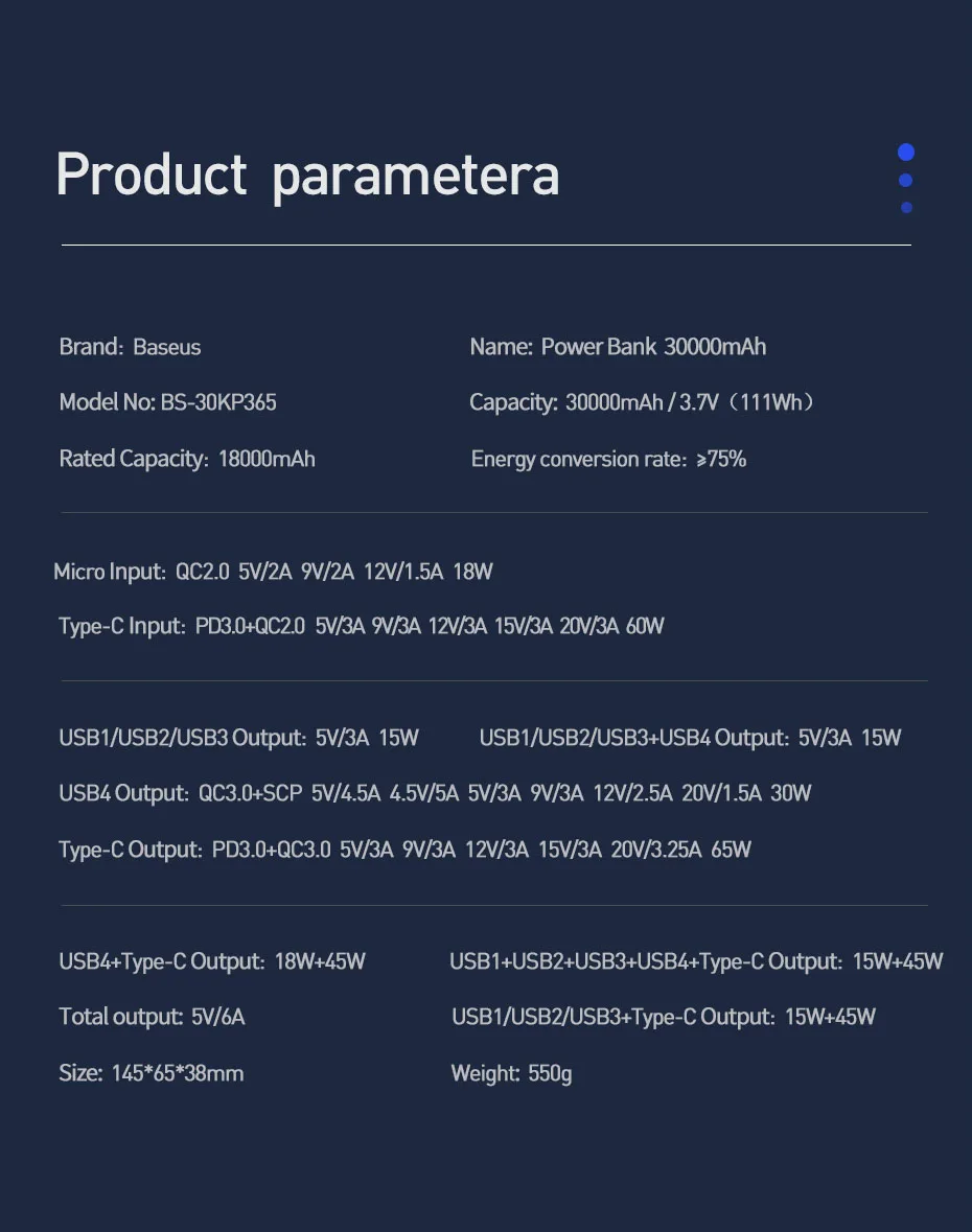 Baseus 65W Power Bank 30000mAh PD Quick Charge FCP SCP Powerbank Portable External Charger For Smartphone Laptop iPhone Tablet