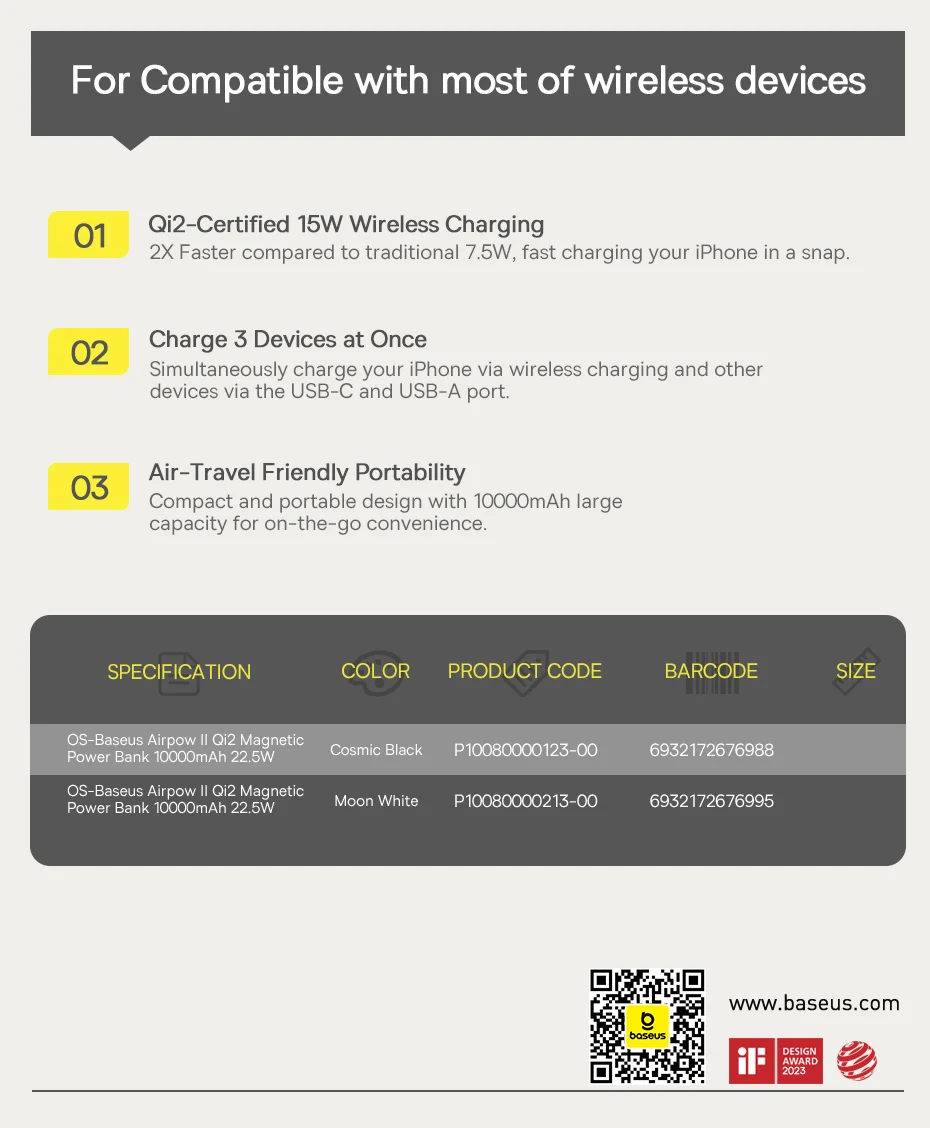 Baseus Qi2 Magnetic Power Bank 10000mah 15W Wireless Charging 22.5W Wired Charge Qi2-Certified for iPhone 16 15 14 13 12 Pro Max