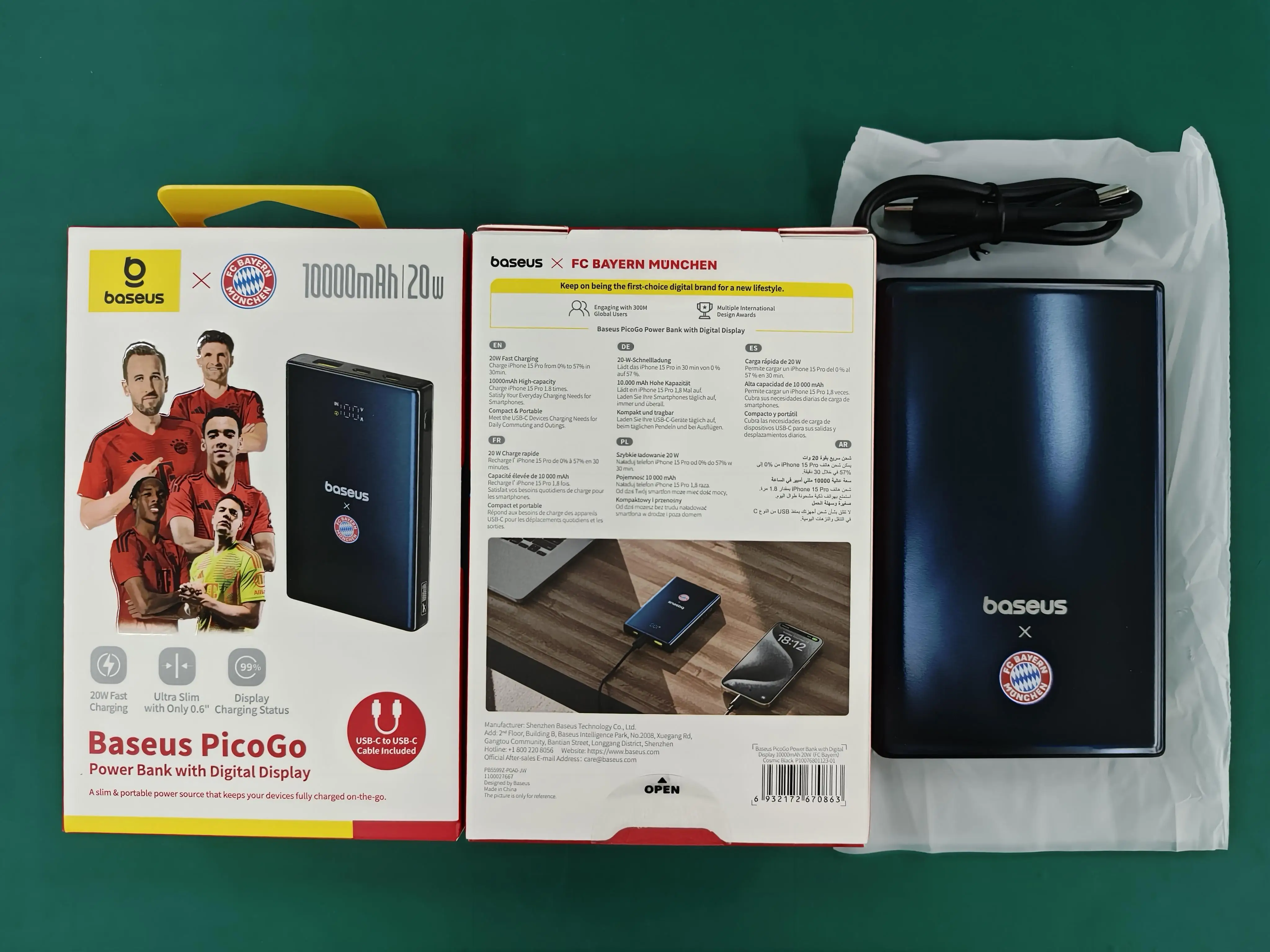 Baseus x FC Bayern 20W Power Bank 10000mAh Capacity 2 USB-C 1 USB-A Output for iPhone Samsung Xiaomi Poco Portable Powerbank