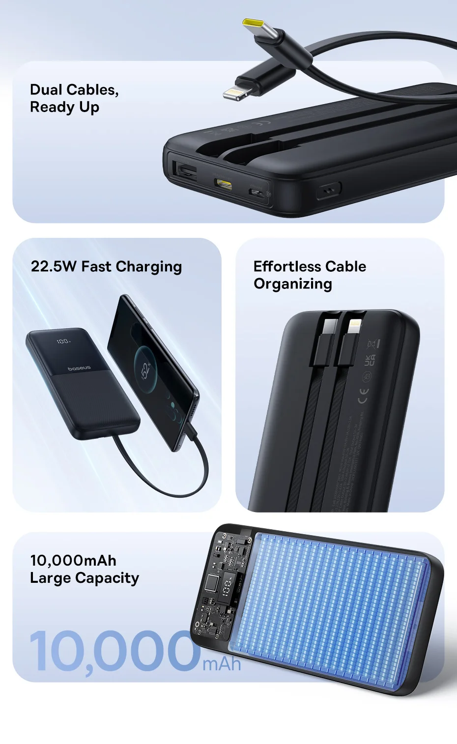 Baseus 22.5W Power Bank 10000mAh for Xiaomi Poco Samsung USB-C Lightning Cables Portable Digital Battery Charger for iPhone 15