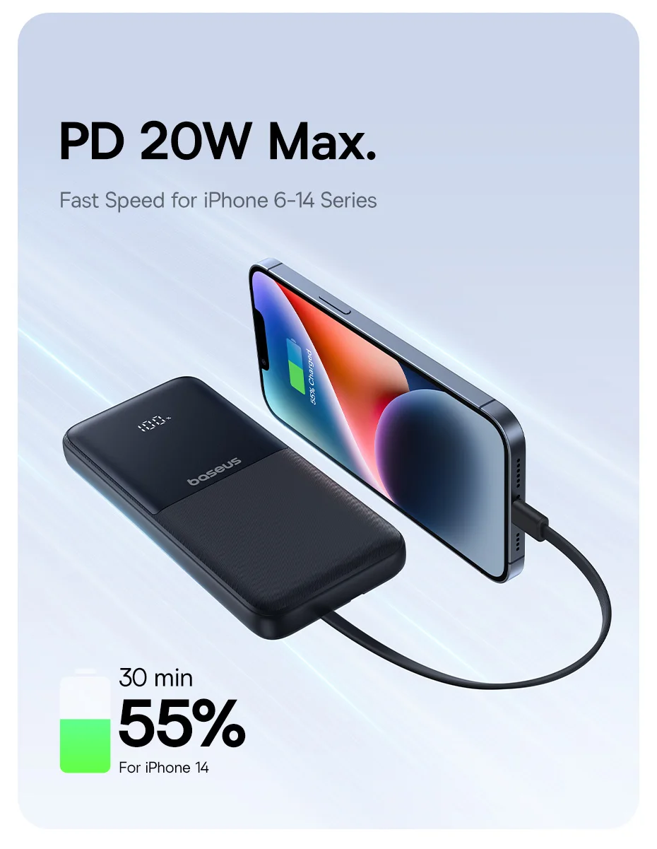 Baseus 22.5W Power Bank 10000mAh for Xiaomi Poco Samsung USB-C Lightning Cables Portable Digital Battery Charger for iPhone 15