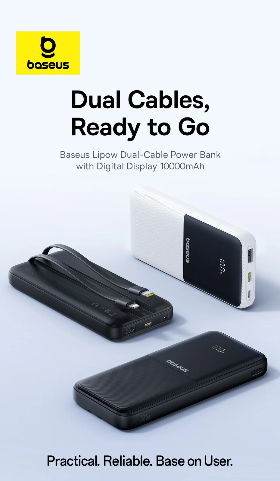 Baseus 22.5W Power Bank 10000mAh for Xiaomi Poco Samsung USB-C Lightning Cables Portable Digital Battery Charger for iPhone 15