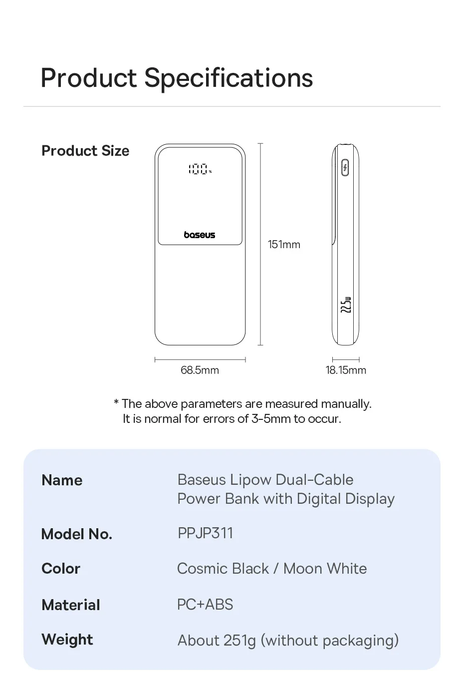 Baseus 22.5W Power Bank 10000mAh for Xiaomi Poco Samsung USB-C Lightning Cables Portable Digital Battery Charger for iPhone 15
