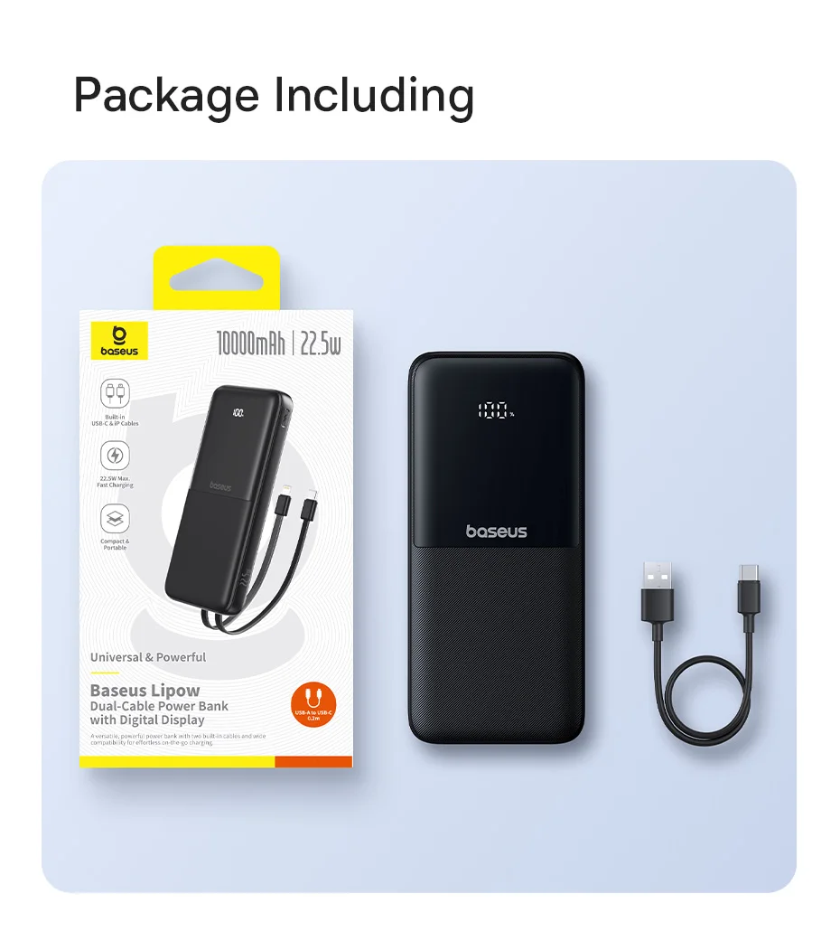 Baseus 22.5W Power Bank 10000mAh for Xiaomi Poco Samsung USB-C Lightning Cables Portable Digital Battery Charger for iPhone 15