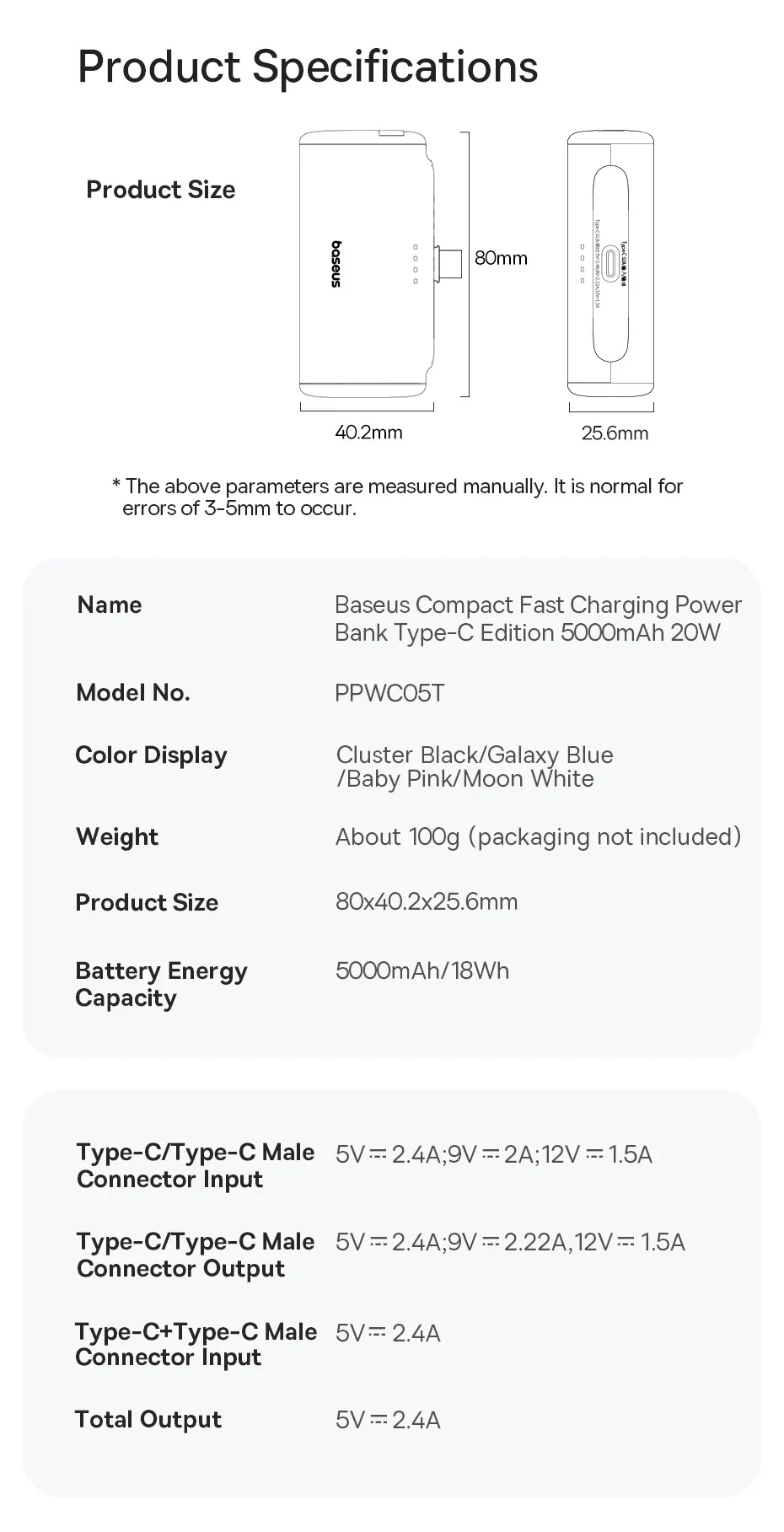Baseus Mini Power Bank 20W 5000mAh Type C Fast Charging External Battery PowerBank for iPhone 15 Pro Max Samsung Xiaomi