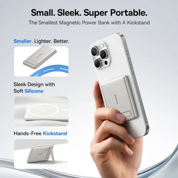 Baseus PicoGo AM31 Qi2 Ultra-Mini Magnetic Power Bank 5000mAh with Kickstand 15W Wireless 20W USB-C - Image 5