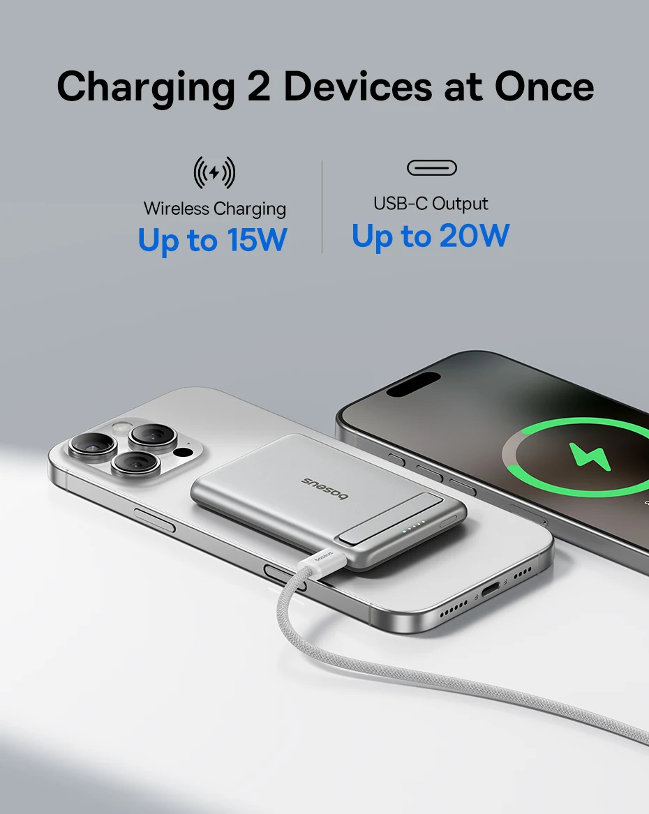 Baseus Qi2 Magnetic Power Bank With Kickstand PD 20W 5000mAh Portable Wireless Fast Charging PowerBank For iPhone Samsung Xiaomi