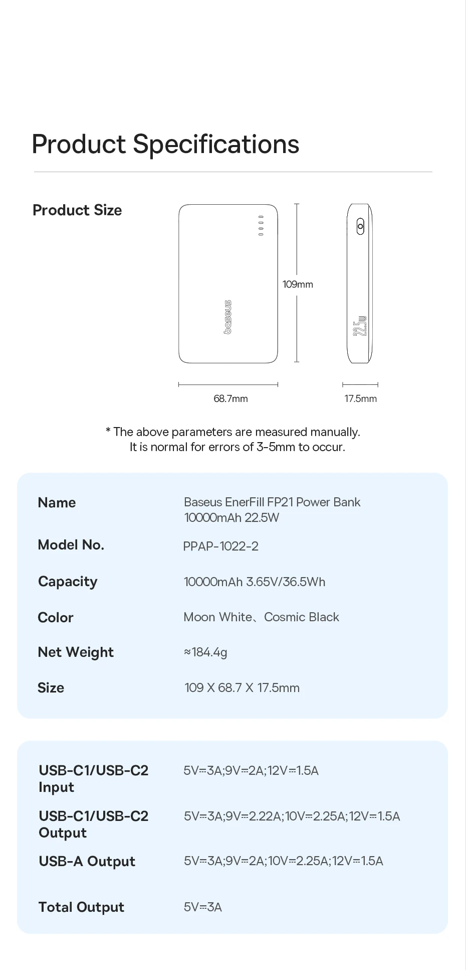 Baseus FP21 22.5W Power Bank 10000mAh Portable Charger PowerBank Fast Charging External Battery For iPhone Samsung Xiaomi Poco