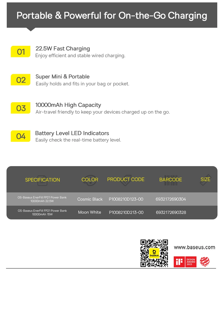 Baseus FP21 22.5W Power Bank 10000mAh Portable Charger PowerBank Fast Charging External Battery For iPhone Samsung Xiaomi Poco