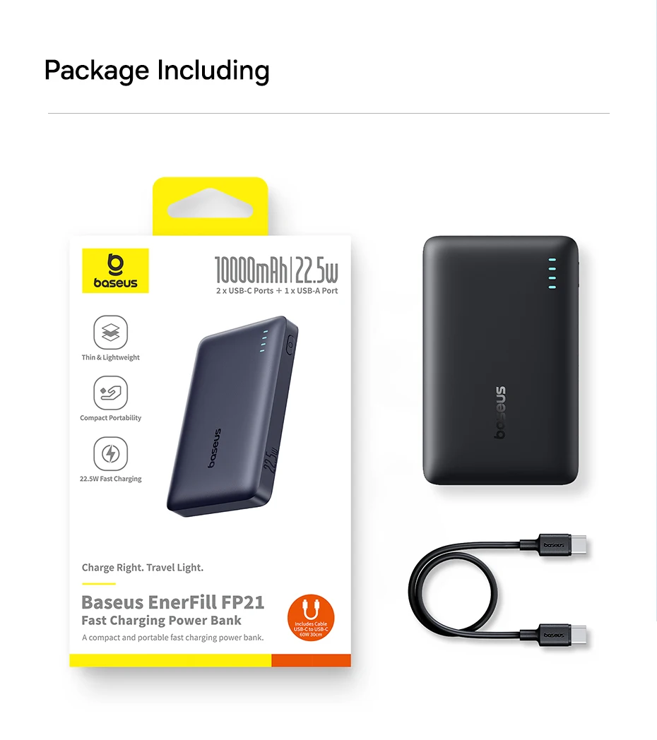 Baseus FP21 22.5W Power Bank 10000mAh Portable Charger PowerBank Fast Charging External Battery For iPhone Samsung Xiaomi Poco
