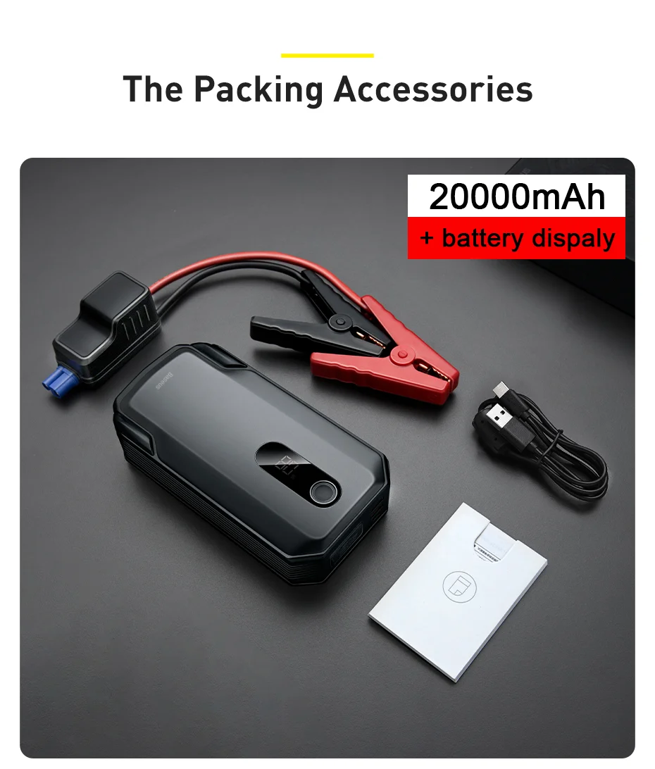 Baseus 2000A Jump Starter Power Bank 20000mAh 15W Fast Charging for iPhone Powerbank Auto Battery Emergency Starting Device