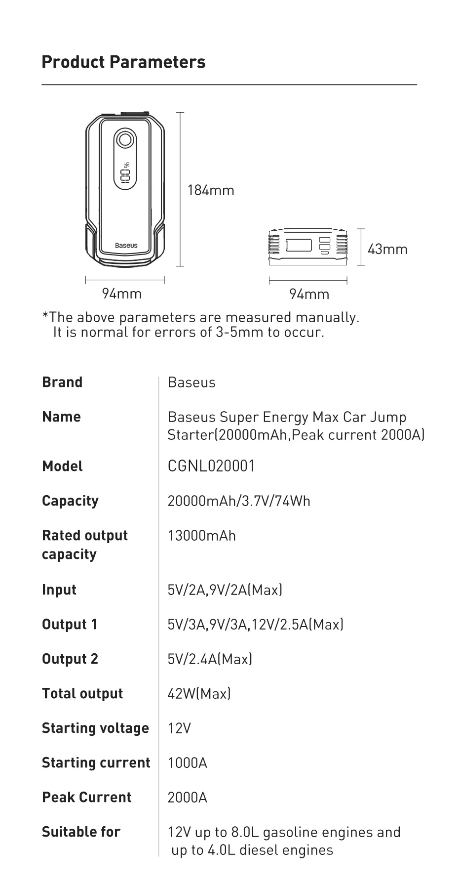 Baseus 2000A Jump Starter Power Bank 20000mAh 15W Fast Charging for iPhone Powerbank Auto Battery Emergency Starting Device