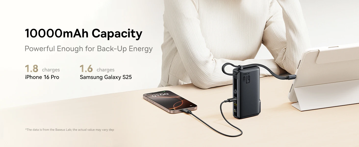 Baseus 67W Power Bank 10000mAh with AC US Wall Plug 3-In-1 Portable Charger Built-In Type C Cable for Fast Charging Powerbank