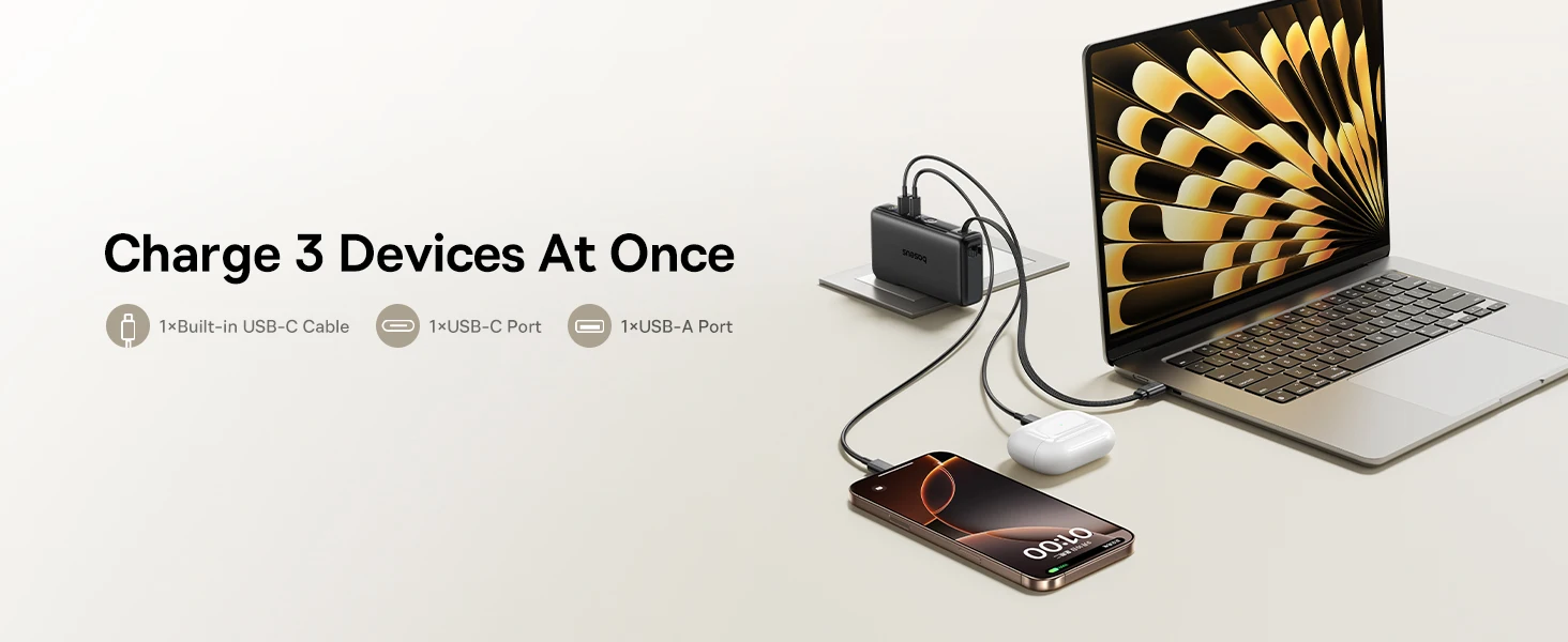Baseus 67W Power Bank 10000mAh with AC US Wall Plug 3-In-1 Portable Charger Built-In Type C Cable for Fast Charging Powerbank
