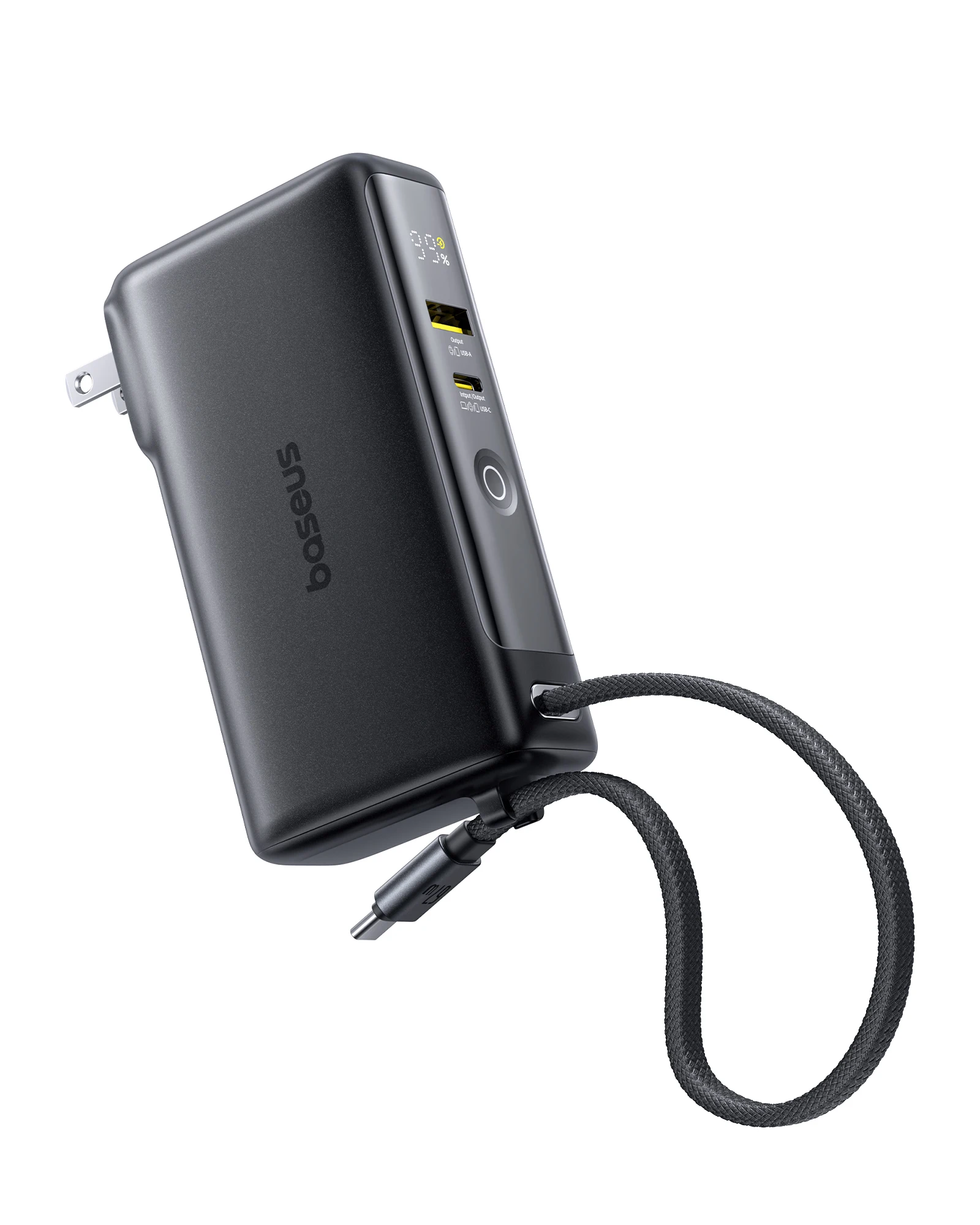 Baseus 67W Power Bank 10000mAh with AC US Wall Plug 3-In-1 Portable Charger Built-In Type C Cable for Fast Charging Powerbank