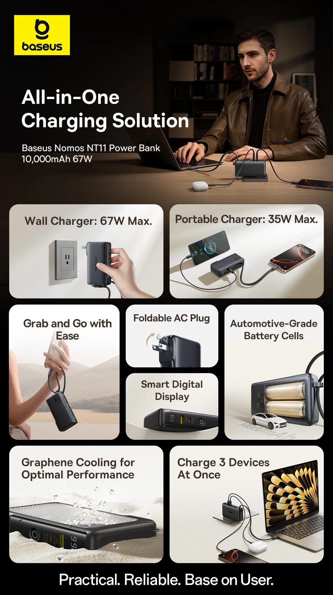 Baseus 67W Power Bank 10000mAh with AC US Wall Plug 3-In-1 Portable Charger Built-In Type C Cable for Fast Charging Powerbank