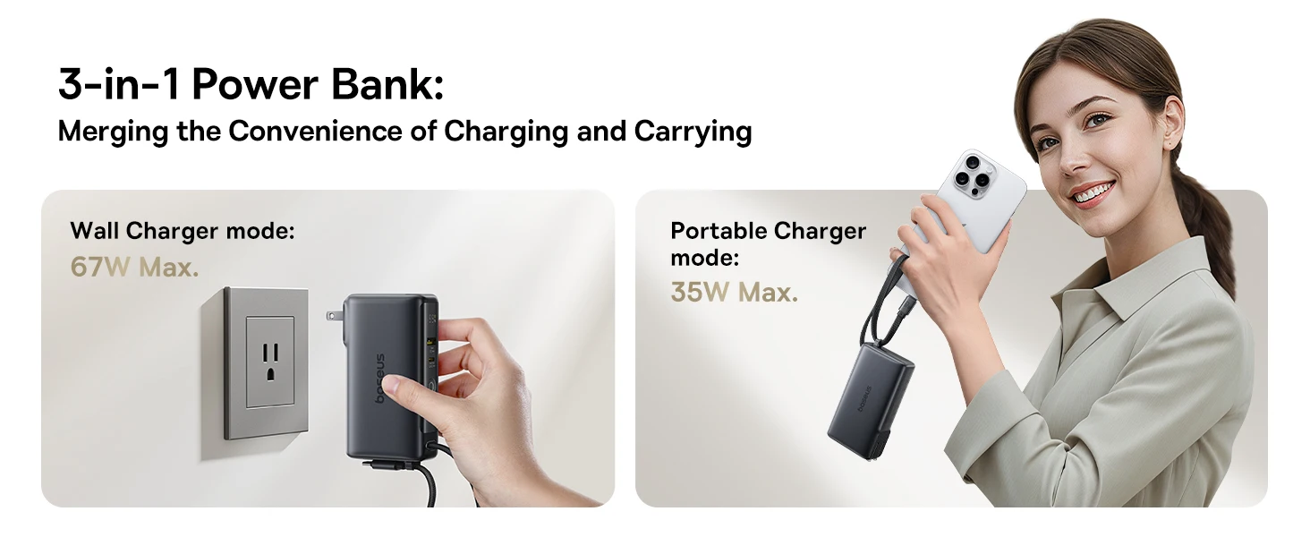 Baseus 67W Power Bank 10000mAh with AC US Wall Plug 3-In-1 Portable Charger Built-In Type C Cable for Fast Charging Powerbank