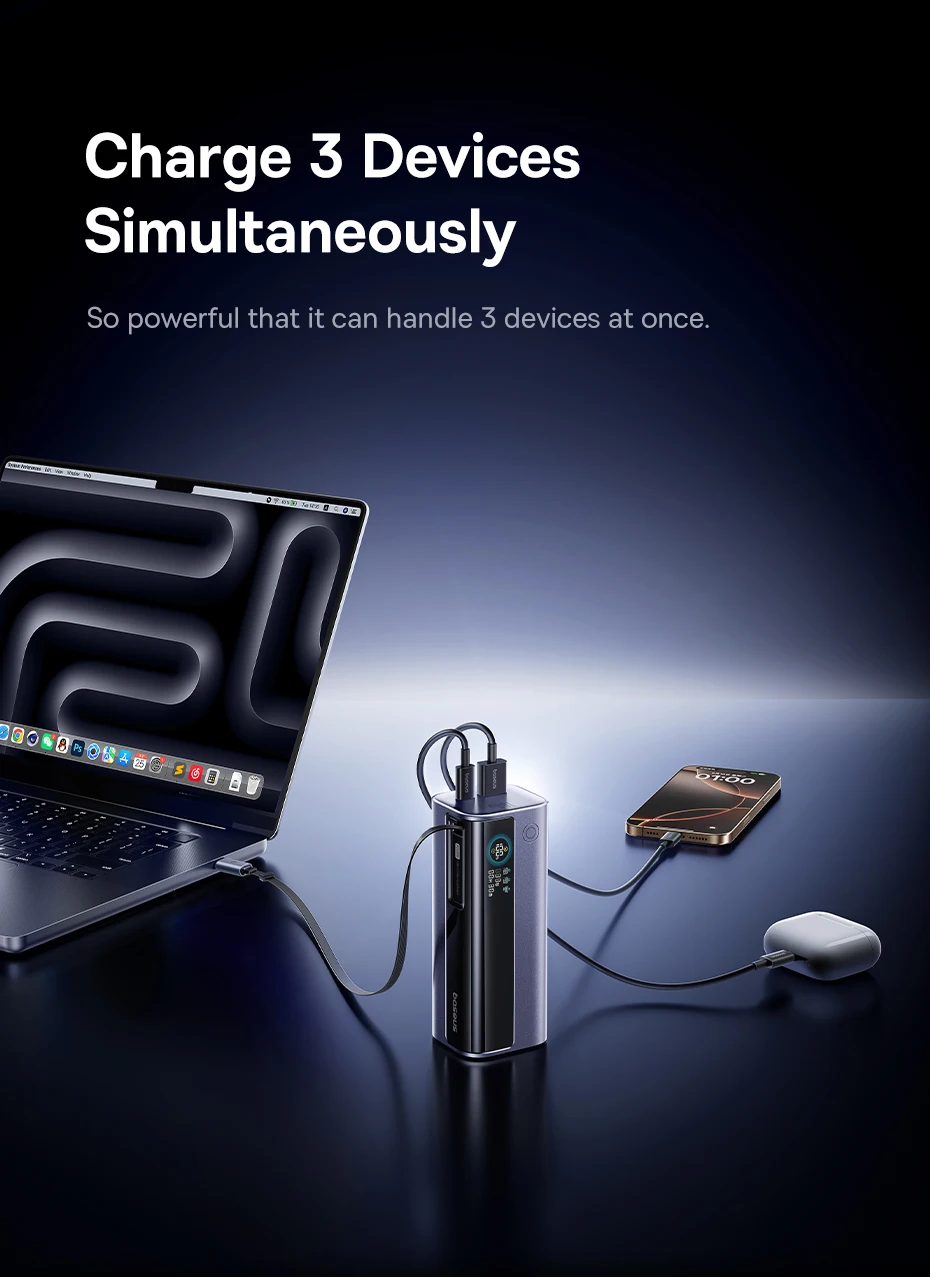 Baseus 100W 10000mAh Power Bank Built-in Retractable USB-C Cable Portable PD External Battery Power Bank for Samsung iPad iPhone