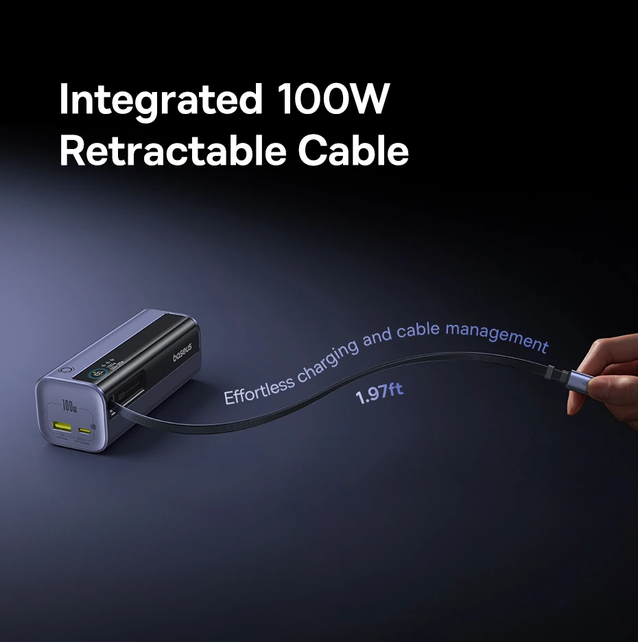 Baseus 100W 10000mAh Power Bank Built-in Retractable USB-C Cable Portable PD External Battery Power Bank for Samsung iPad iPhone