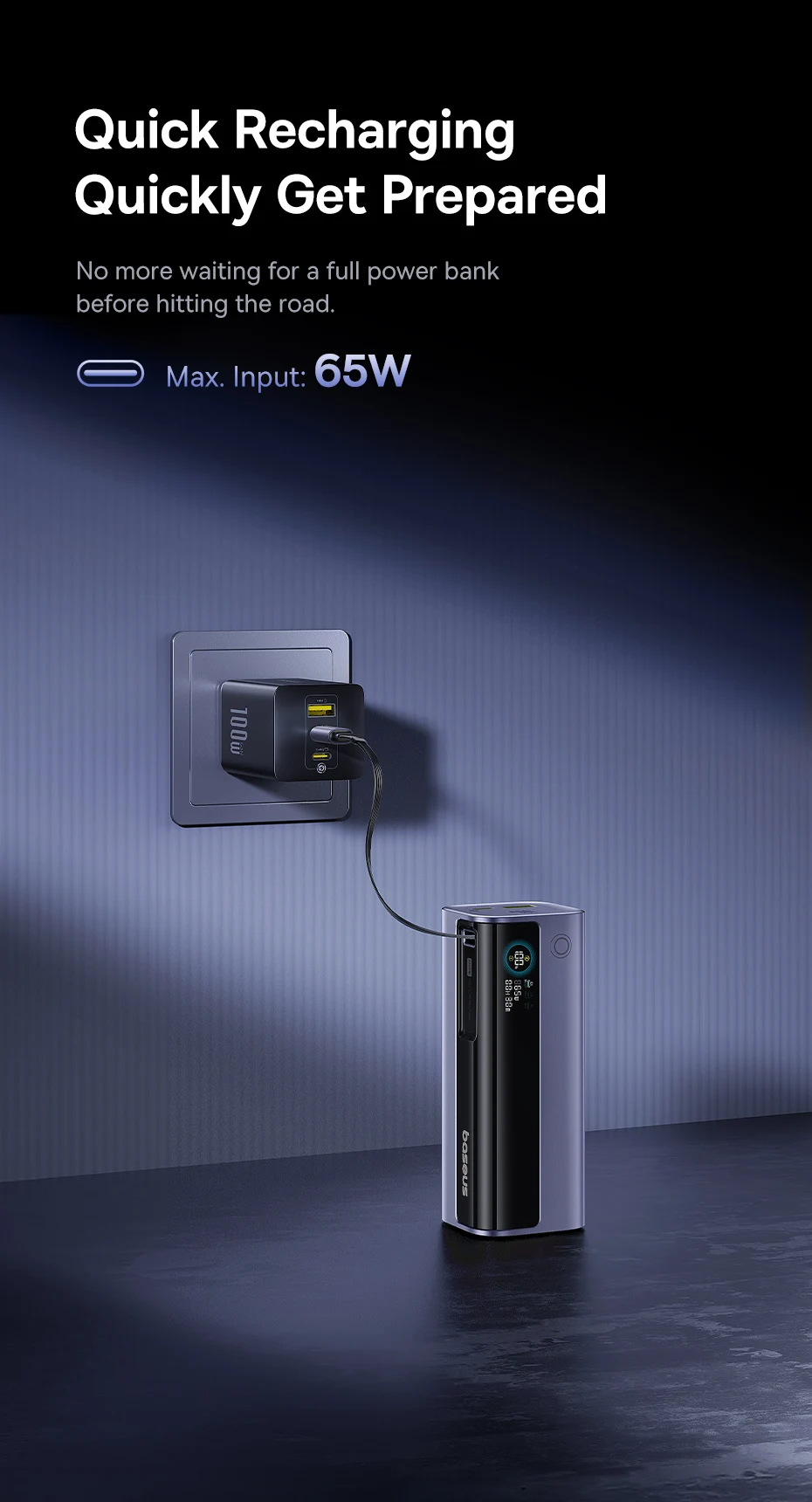 Baseus 100W 10000mAh Power Bank Built-in Retractable USB-C Cable Portable PD External Battery Power Bank for Samsung iPad iPhone