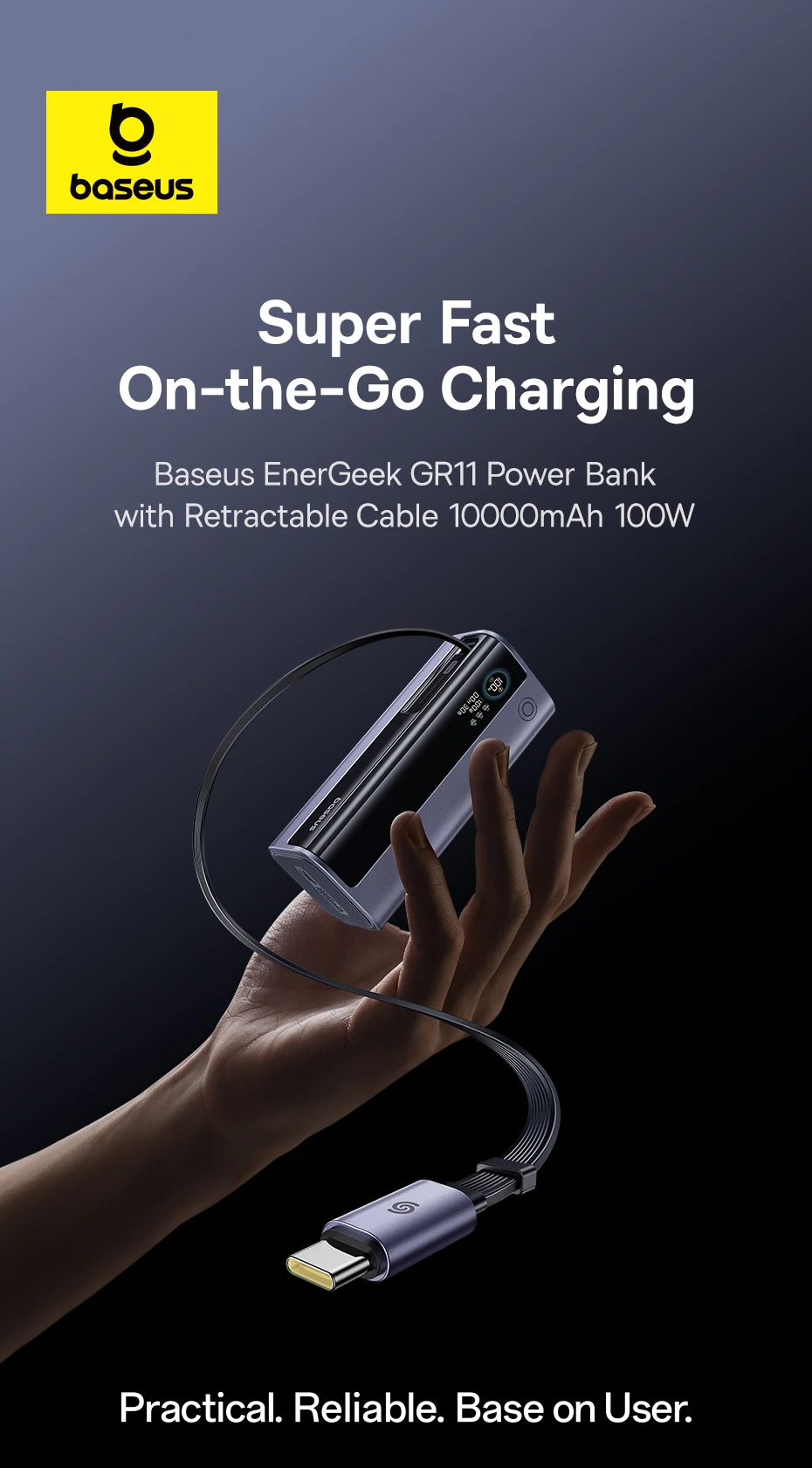 Baseus 100W 10000mAh Power Bank Built-in Retractable USB-C Cable Portable PD External Battery Power Bank for Samsung iPad iPhone