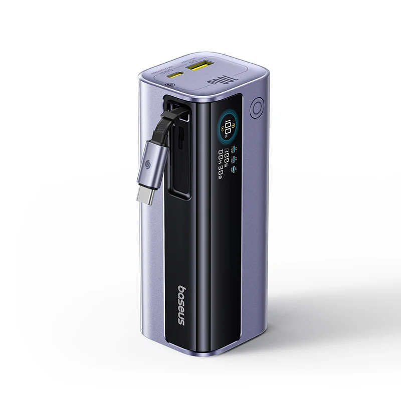 Baseus 100W 10000mAh Power Bank Built-in Retractable USB-C Cable Portable PD External Battery Power Bank for Samsung iPad iPhone