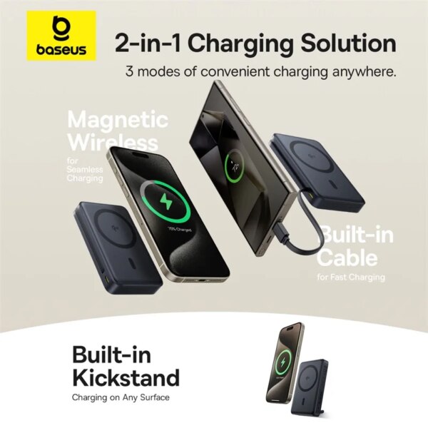 Baseus Nomos 3-in-1 Magnetic Power Bank with Built-in USB-C Cable 45W 10000mAh - Image 2