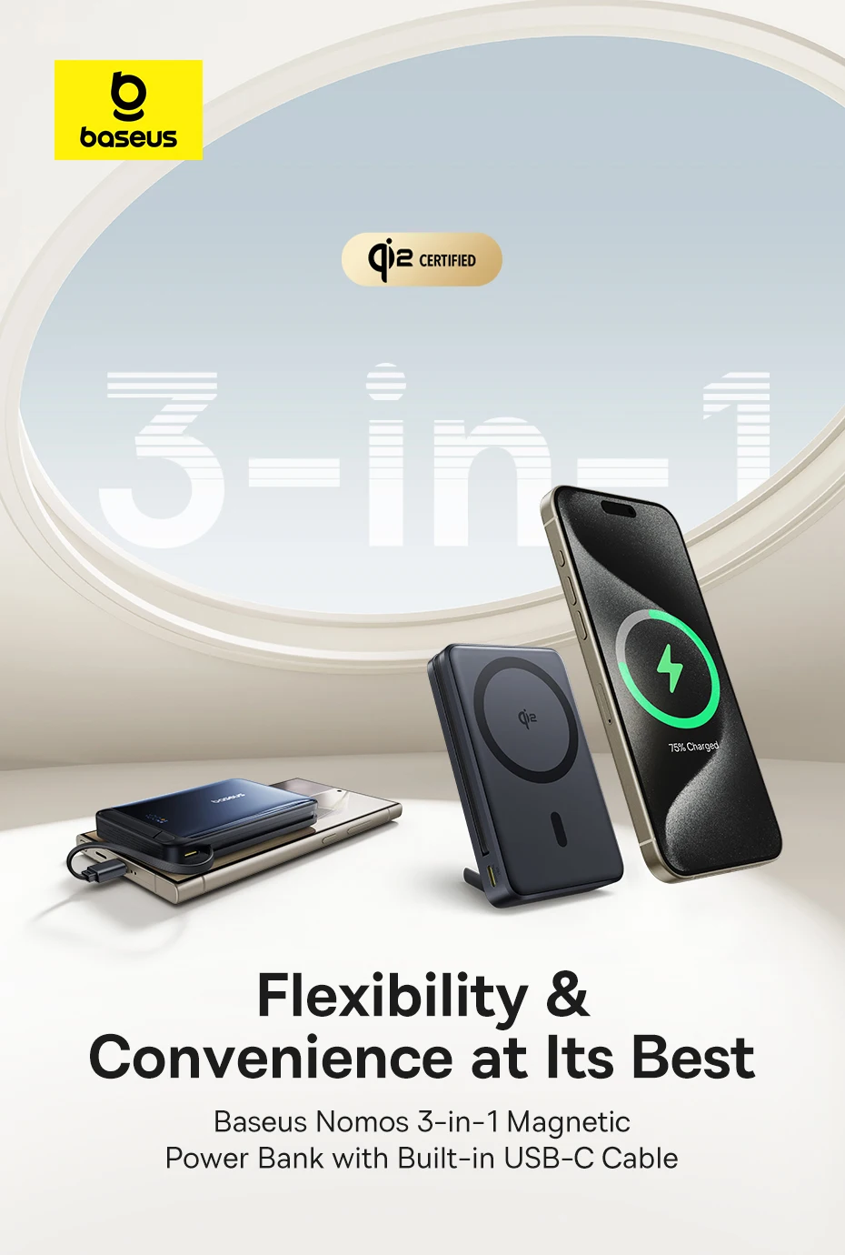 Baseus Nomos 45W 3-in-1 Power Bank 10000mah Qi2 Magnetic Wireless Charging Powerbank with Phone Holder for iPhone 12-16 Pro Max
