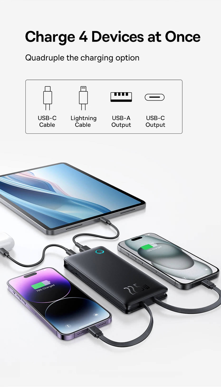 Baseus 22.5W Power Bank 10000mAh with Two Built-in Cables PD Fast Charging For iPhone 16 15 Pro Max, Charge 4 Devices at Once