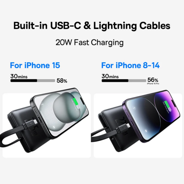 Baseus Airpow Lite 10000mAh Power Bank with Built-in USB-C and Lightning Cables 22.5W Fast Charging - Image 2