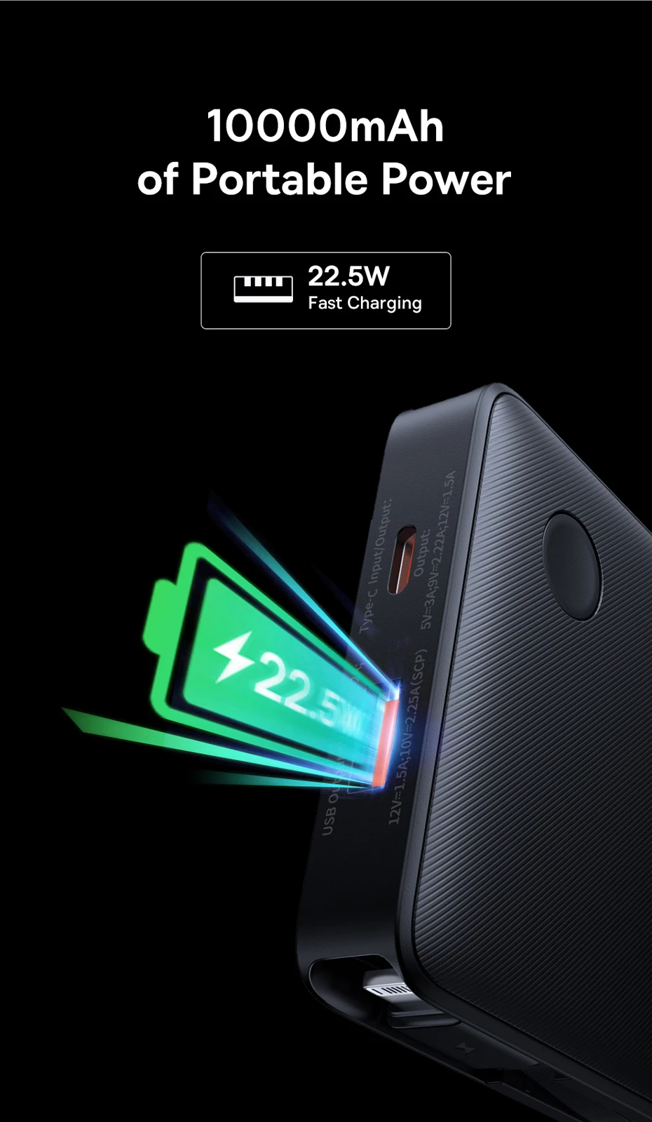 Baseus 22.5W Power Bank 10000mAh with Two Built-in Cables PD Fast Charging For iPhone 16 15 Pro Max, Charge 4 Devices at Once