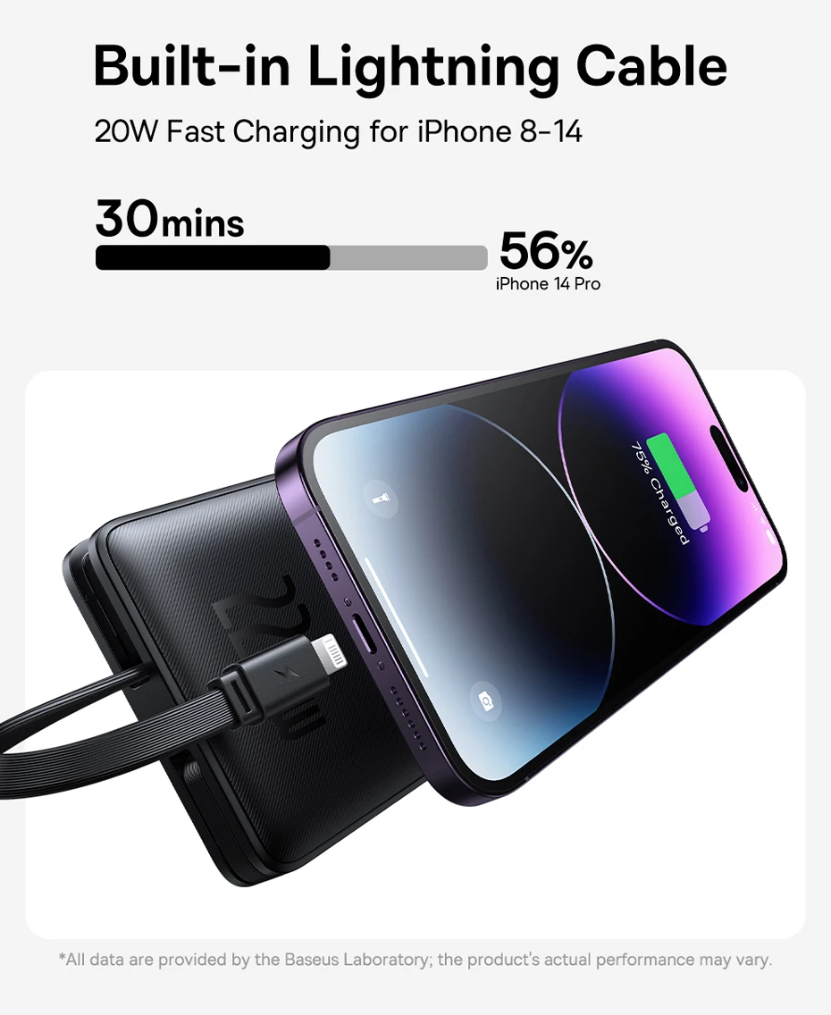 Baseus 22.5W Power Bank 10000mAh with Two Built-in Cables PD Fast Charging For iPhone 16 15 Pro Max, Charge 4 Devices at Once