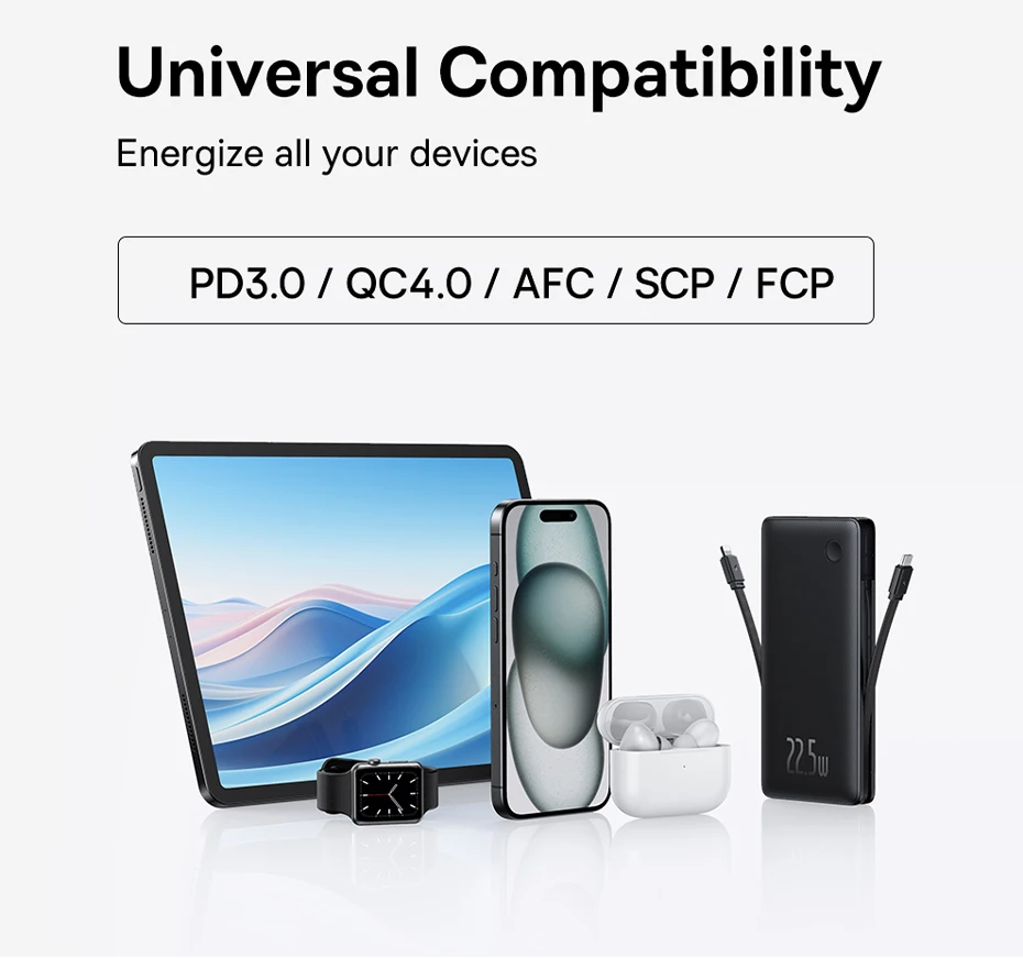 Baseus 22.5W Power Bank 10000mAh with Two Built-in Cables PD Fast Charging For iPhone 16 15 Pro Max, Charge 4 Devices at Once