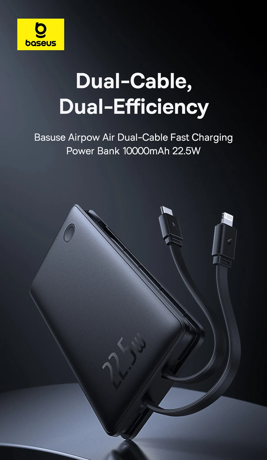 Baseus 22.5W Power Bank 10000mAh with Two Built-in Cables PD Fast Charging For iPhone 16 15 Pro Max, Charge 4 Devices at Once